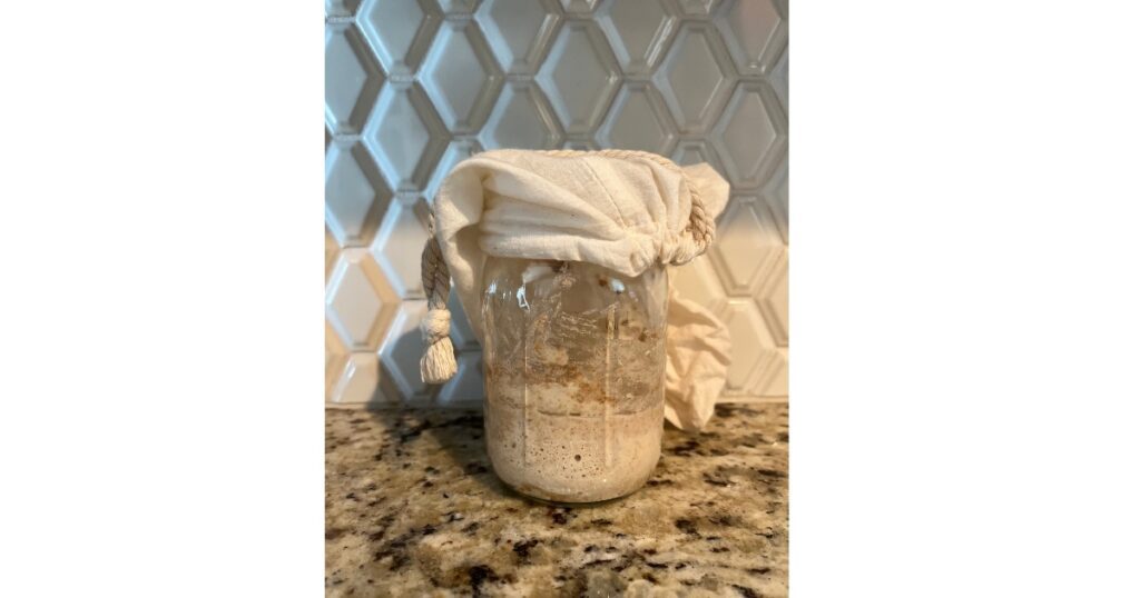 Sourdough in a jar with a nut milk bag over top. White background and granite countertop.