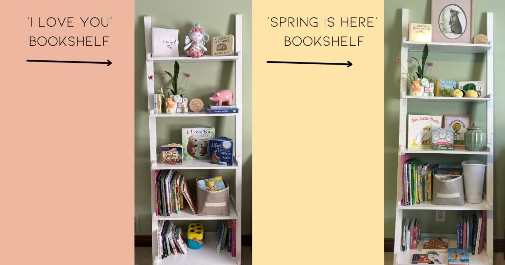 Seasonal bookshelves with description on side - one pink and one yellow.