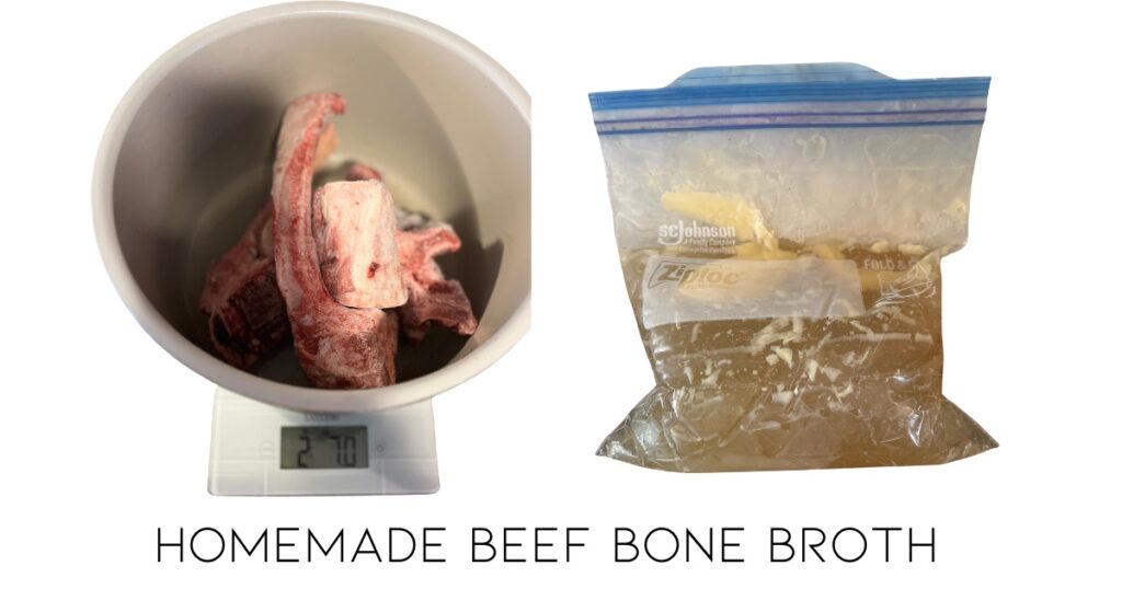Beef bone broth bones on a scale and within a freezer bag.