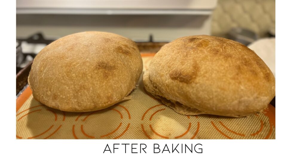 Two loaves of sourdough bread on a cream and orange silicone baking sheet. Words 'after baking' at bottom of photo.