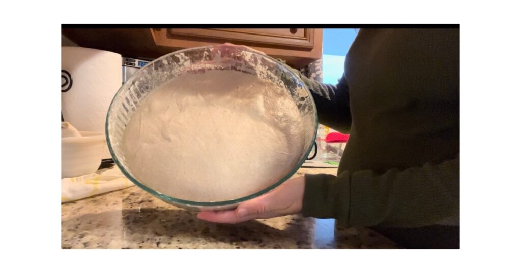 Bread dough in a large bowl being held by a person in a green long sleeved shirt.