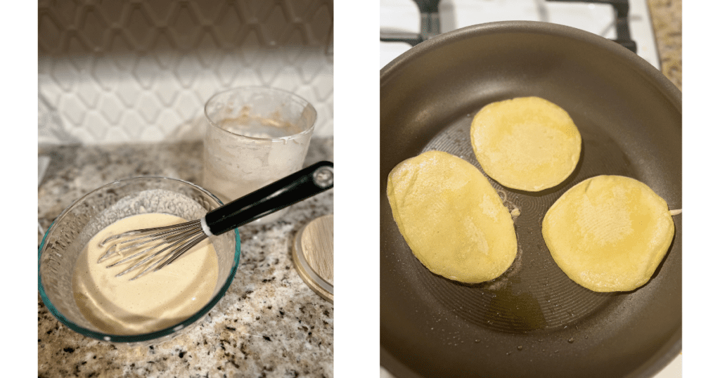 Pancake mix with black and grey whisk. Three pancakes in a pan