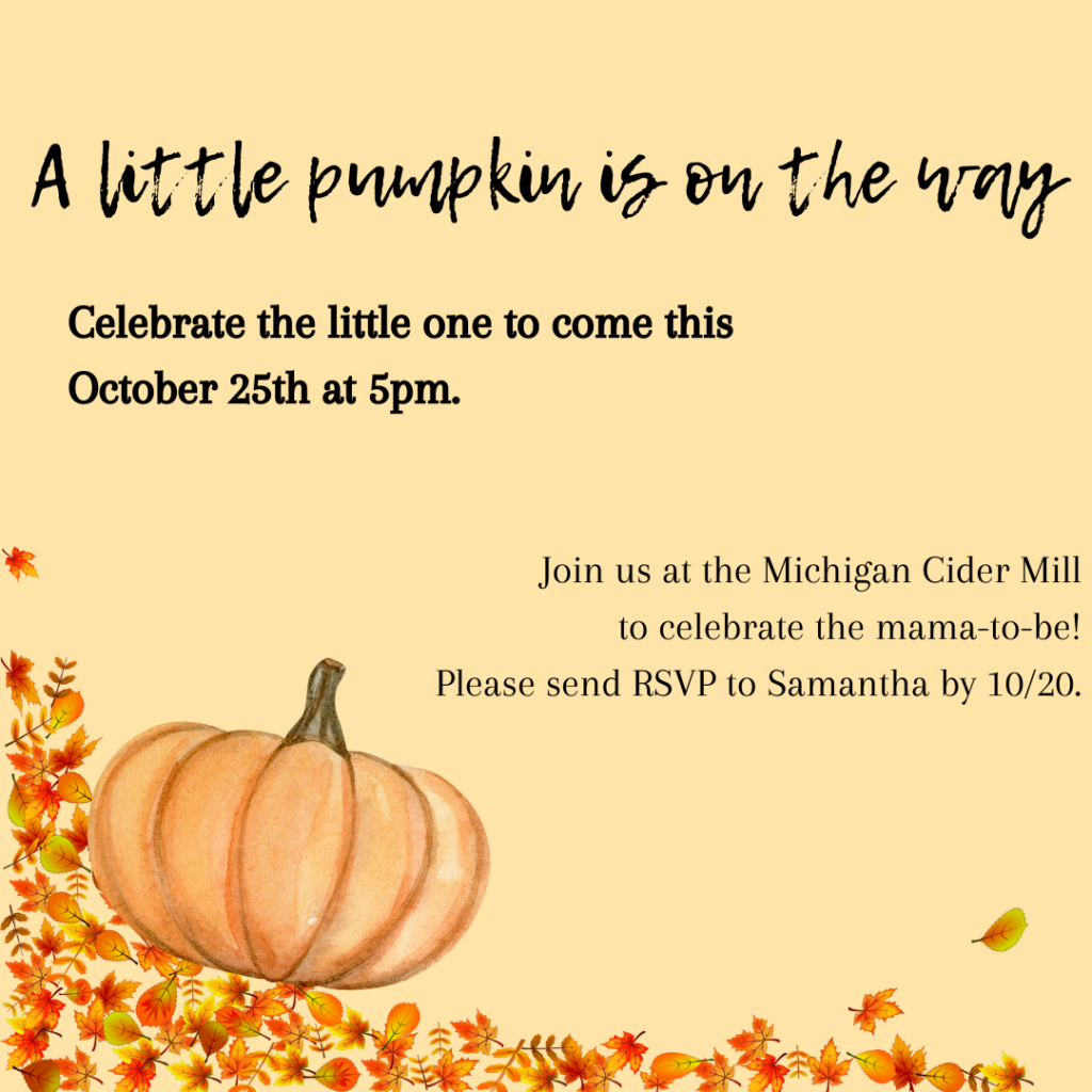 Baby shower invite with pumpkin and red, yellow and orange leaves