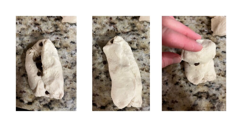 Progression of dough - three picture of dough with chocolate chips on a marble countertop.