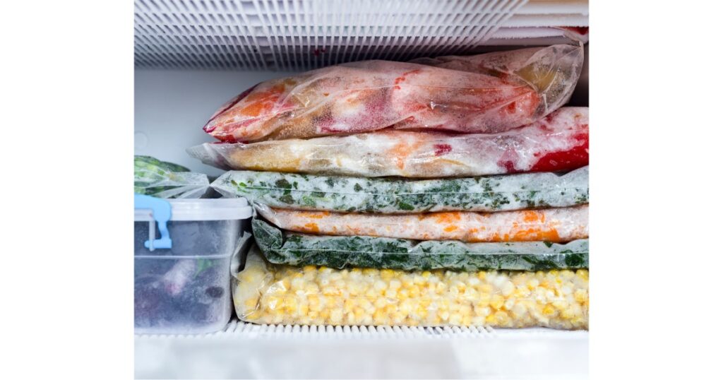 Freezer with 6 bags stacked with vegetables.