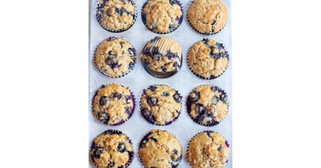 Tray of sourdough blueberry muffins