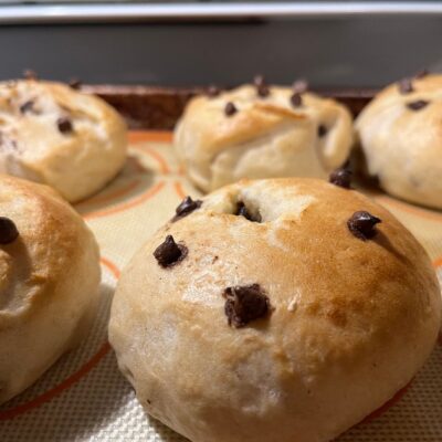 six sourdough chocolate chip bagels.