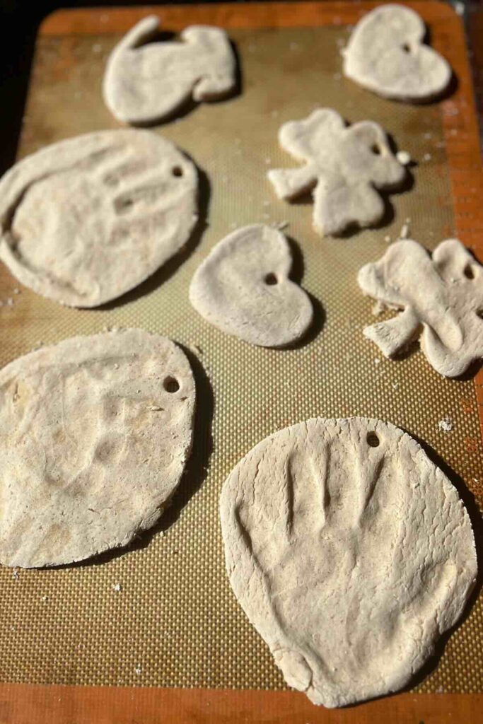 sourdough salt dough ornaments on baking sheet.