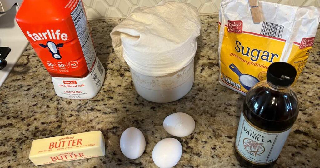 sourdough dutch baby ingredients on countertop.