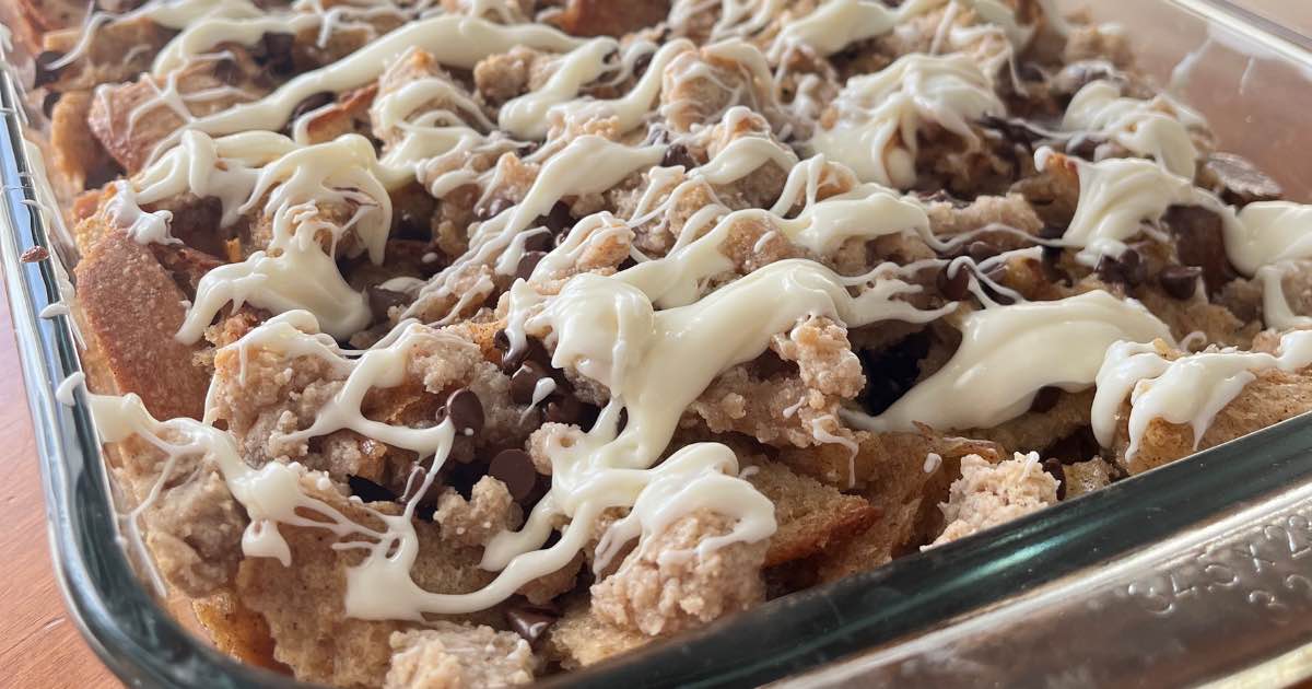sourdough french toast casserole with chocolate chips in a pan.