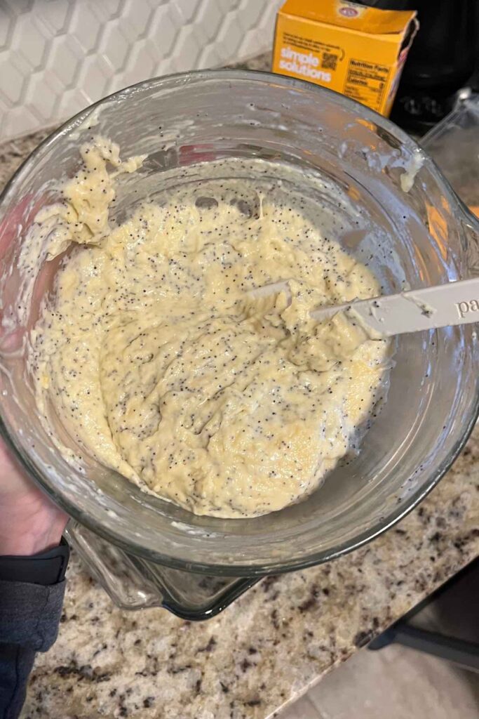 sourdough lemon poppyseed batter in a bowl.