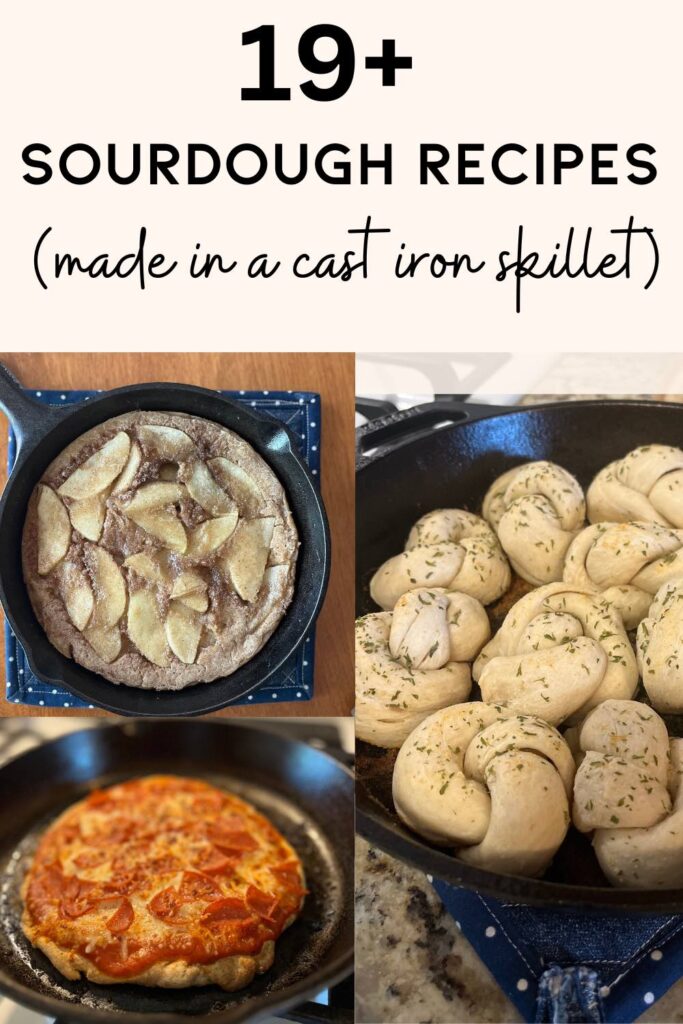 three sourdough recipes cooked in a cast iron skillet with text on the top.