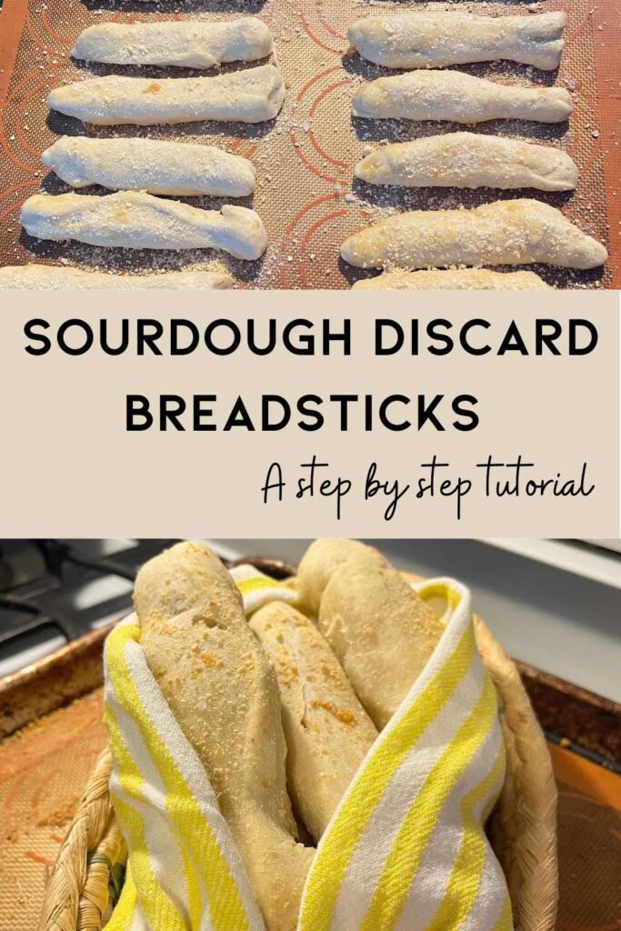sourdough breadsticks on sheet pan with text in middle and cooked breadsticks in basket.