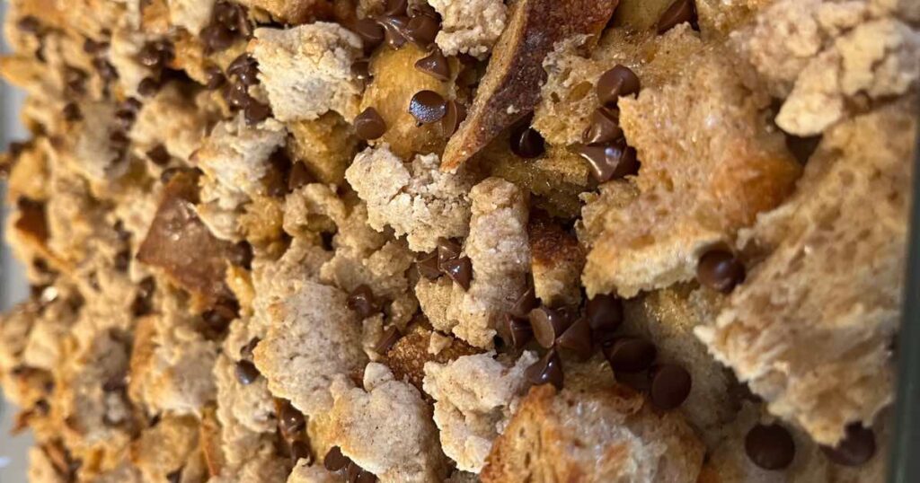 sourdough french toast casserole with chocolate chips.