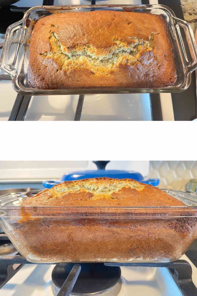 sourdough lemon loaves after coming out of oven in bread pan.