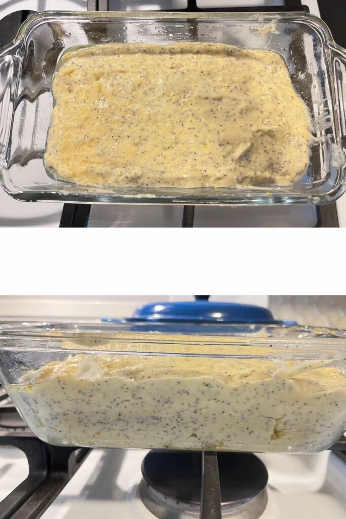 lemon poppyseed loaf in bread pan.