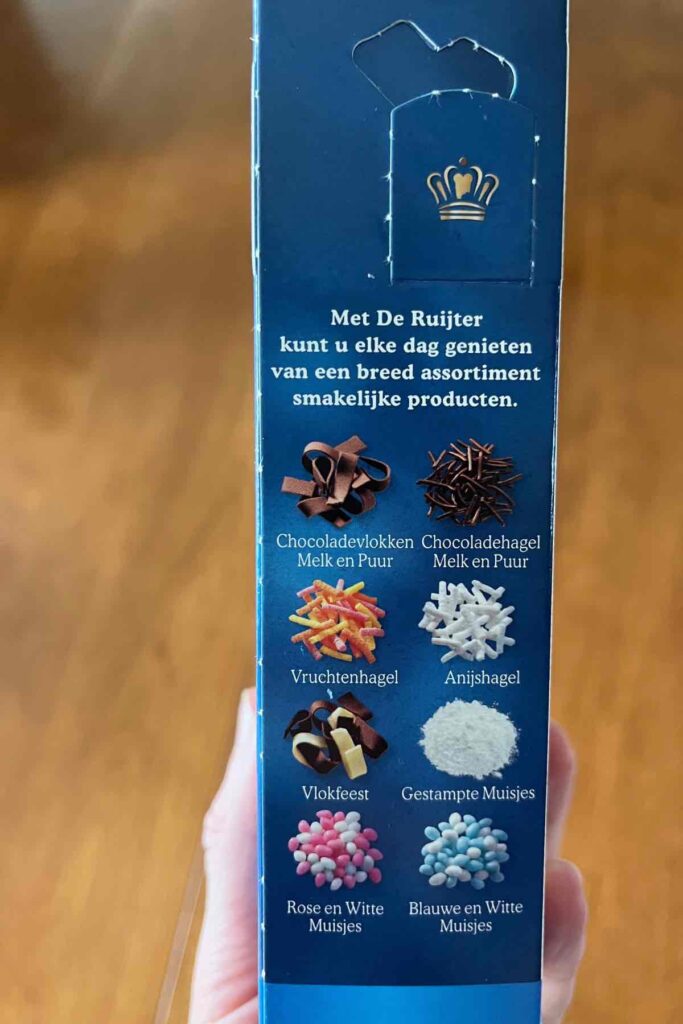 De Ruijter sprinkle varieties on back of box.