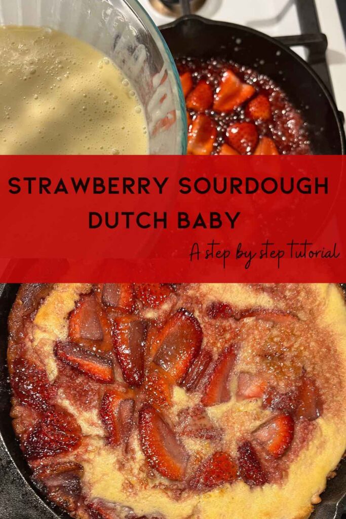 two pictures of sourdough dutch baby with text in middle describing picture.