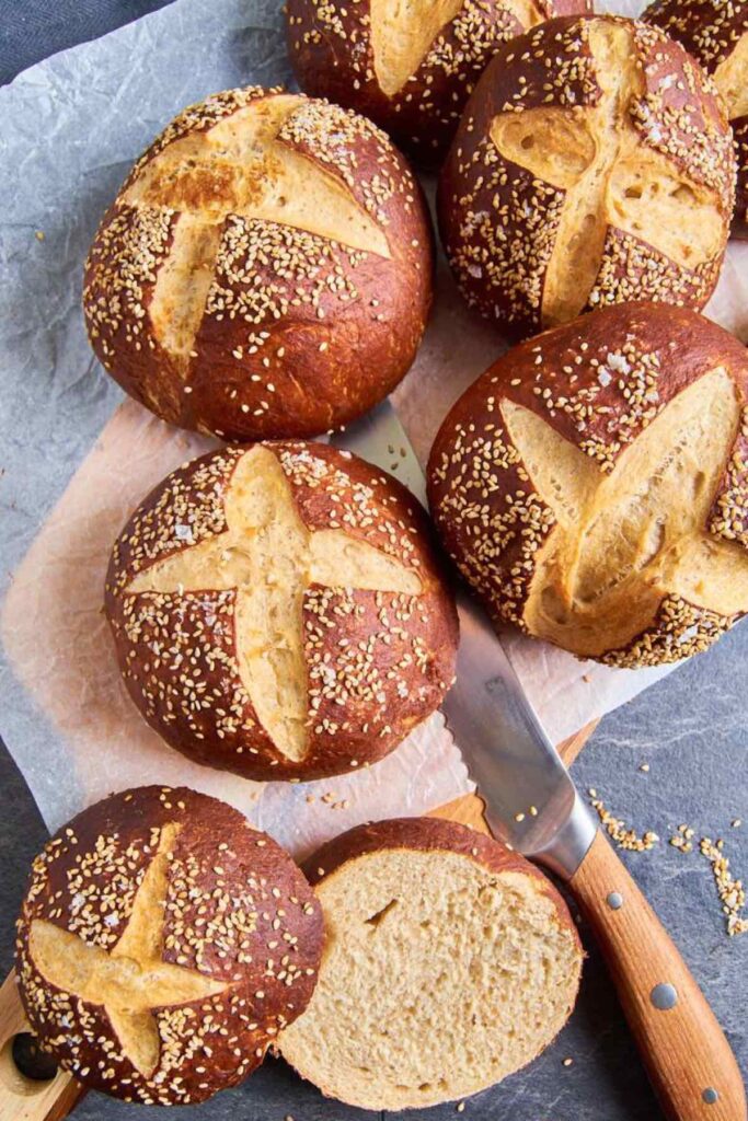 collection of pretzel brioche hamburger buns.