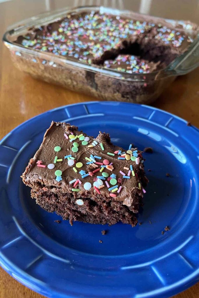 slice of sourdough brownies with chocolate frosting and assorted color sprinkles.