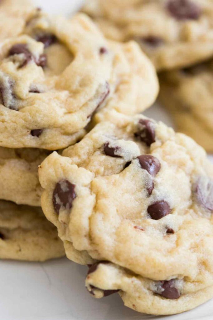 chocolate chip cookies stacked.