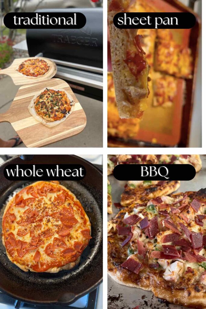 four pictures of sourdough pizza with text on top describing picture.