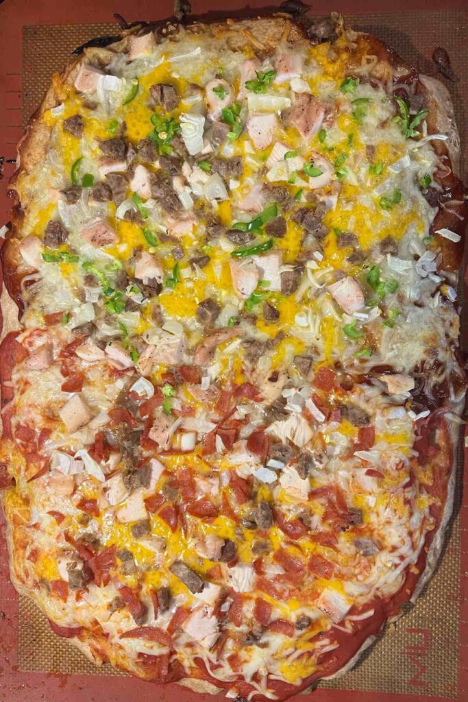 sourdough pizza crust with toppings on both sides.
