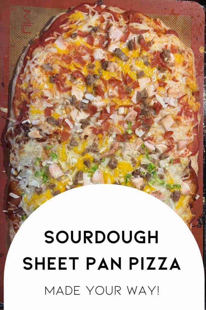 sourdough pizza with text in front describing picture.