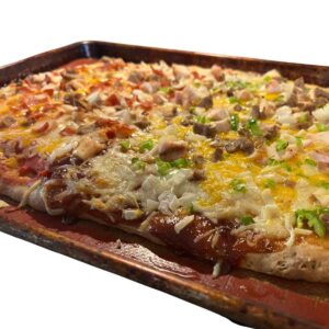 sourdough pizza on sheet pan.