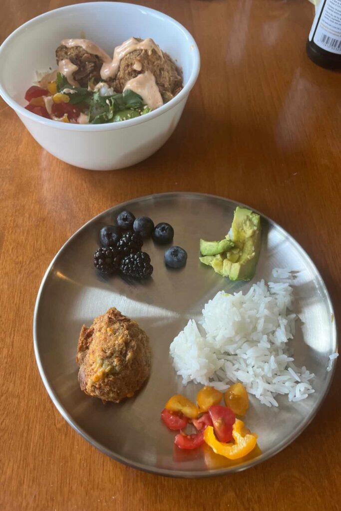 kids plate for dinner with blueberries, avocado, tomato, rice and tuna.