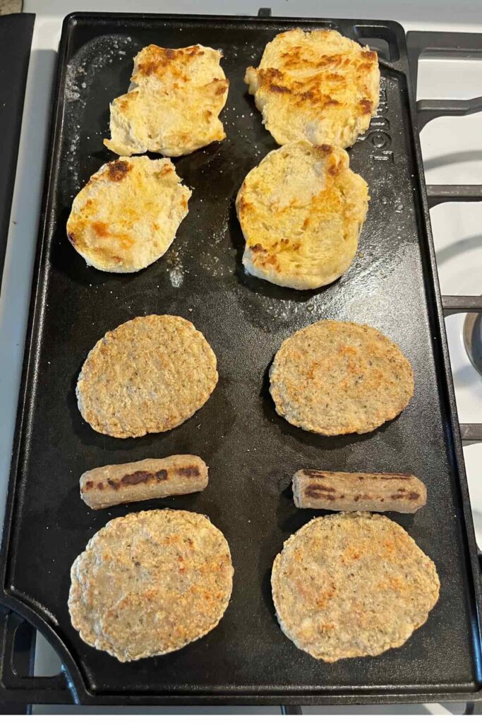 griddle with chicken sausage, turkey sausage and sourdough English muffins.