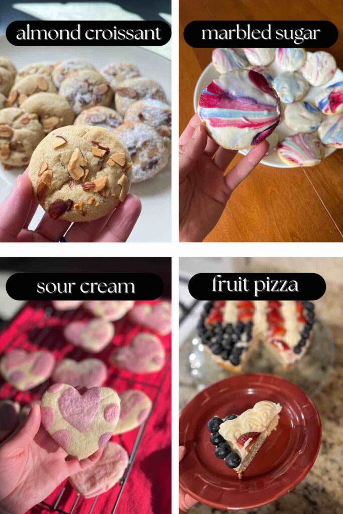 four pictures of sourdough cookies with text on top describing picture.