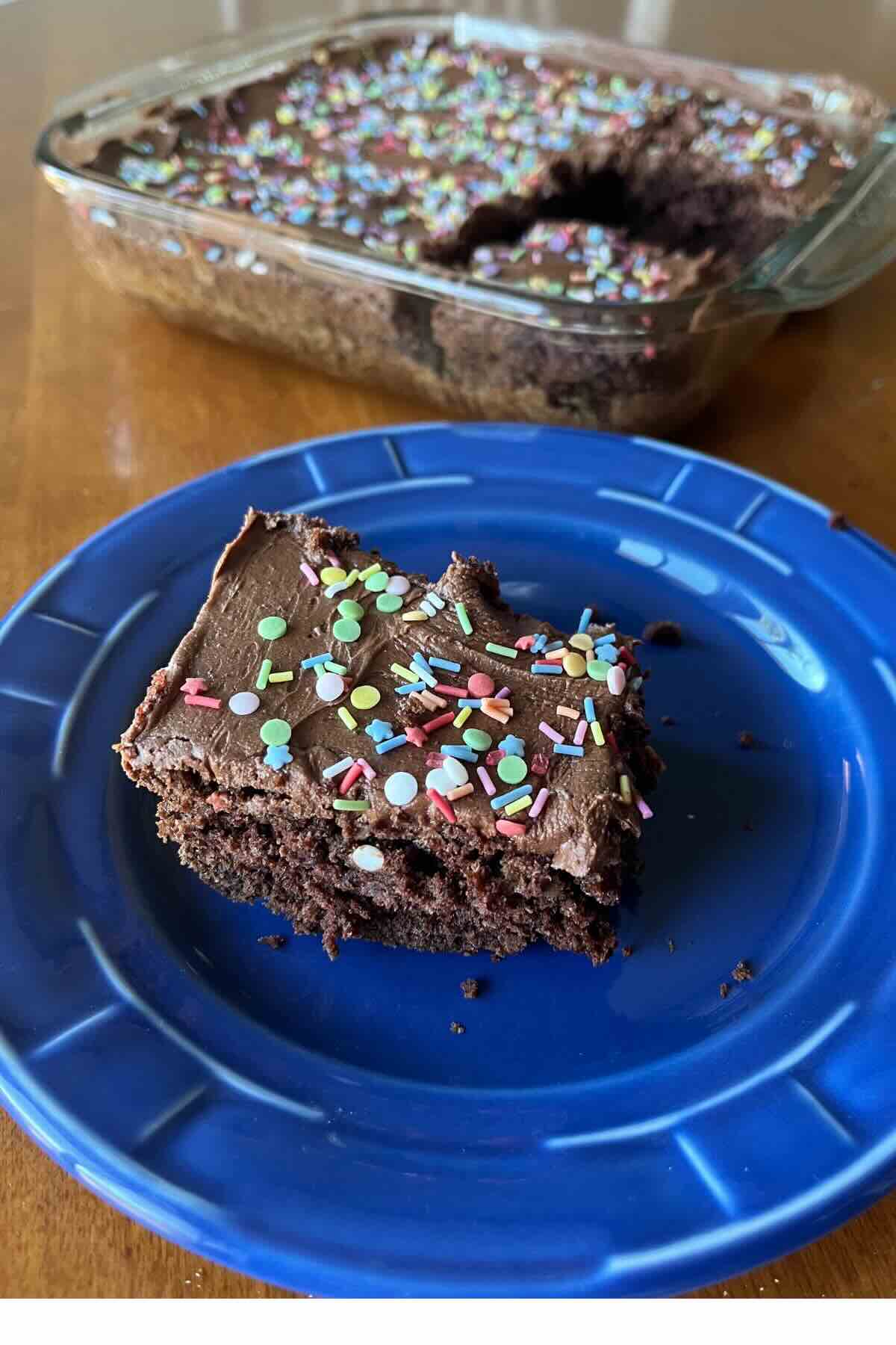 slice of sourdough brownies on a blue plate.