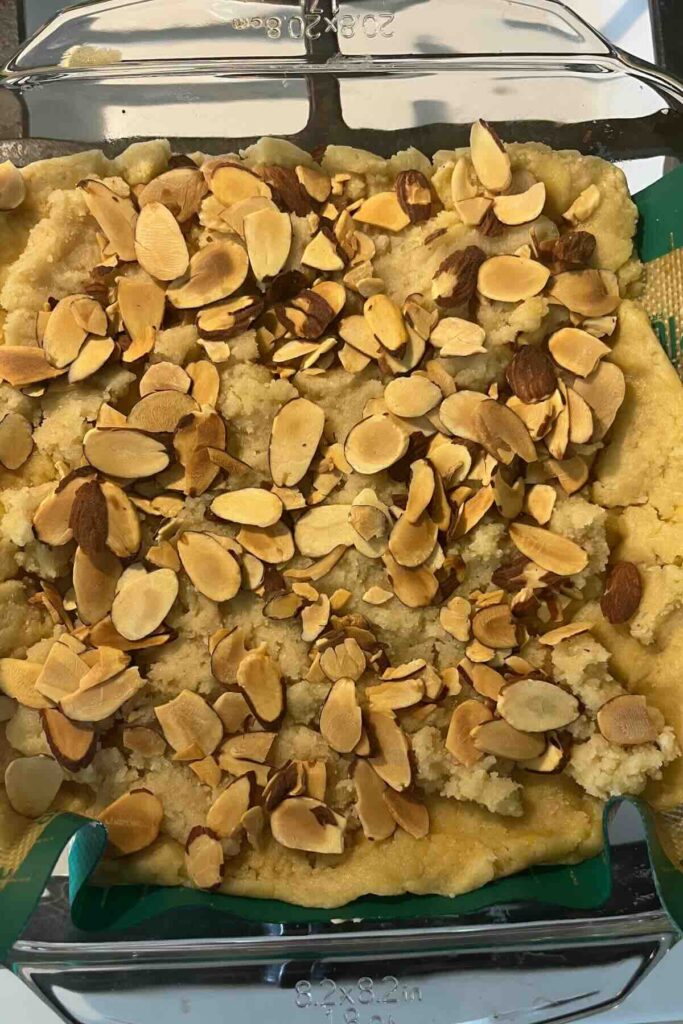 toasted almonds on sourdough cookie base.