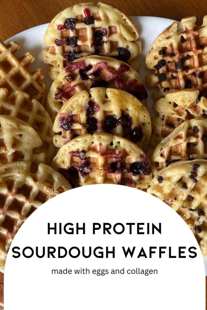 high protein sourdough waffles with text in front.
