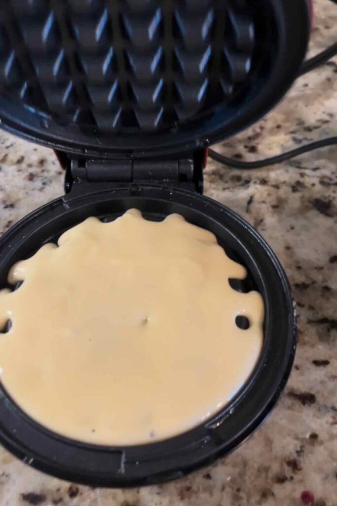sourdough waffle batter in dash waffle iron.