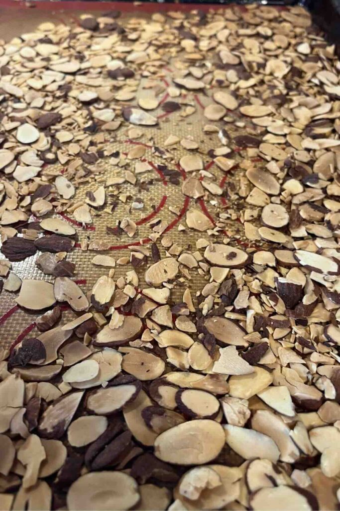 toasted sliced almonds on pan.