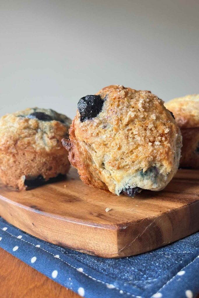 blueberry muffin with sugar on top.