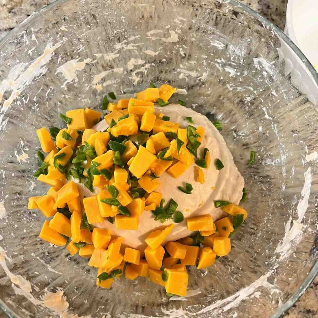 sourdough bread with cheddar cheese and jalapeños.