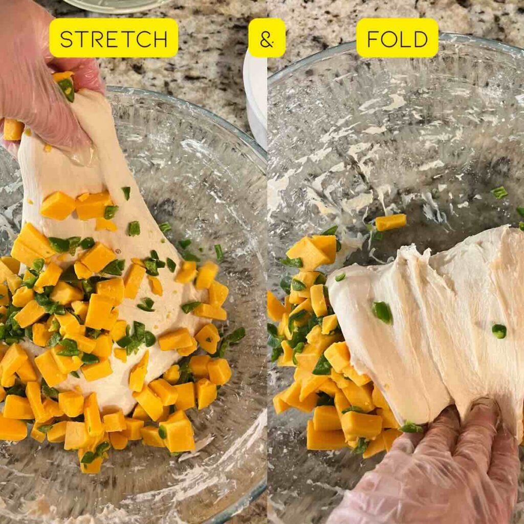 hand stretching and folding sourdough bread with description at top.