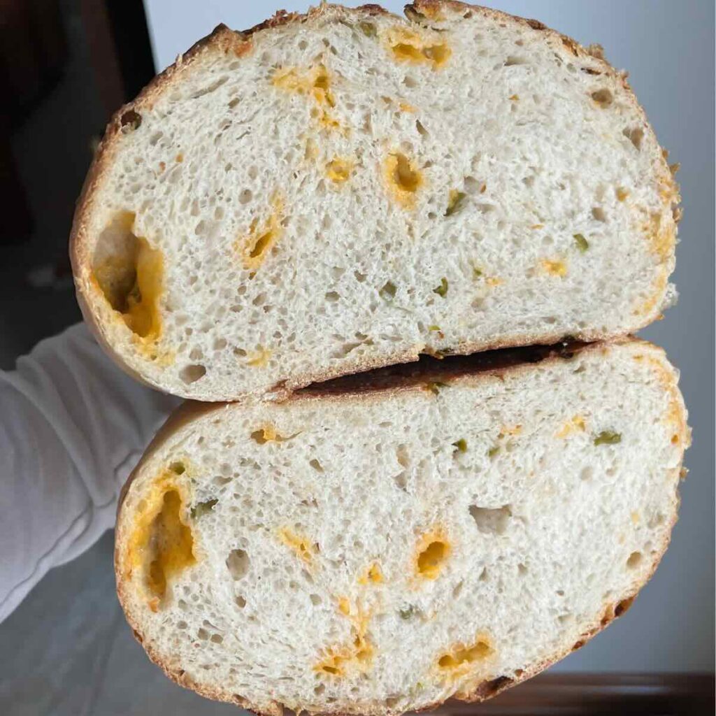 two halves of sourdough jalapeño bread.