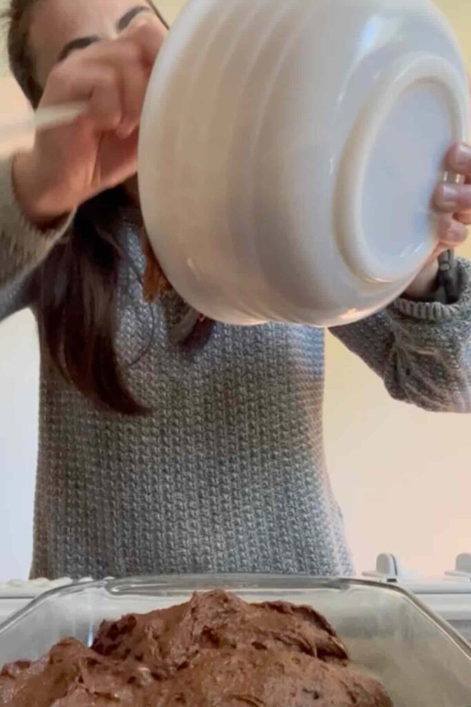 sourdough brownie batter in pan.