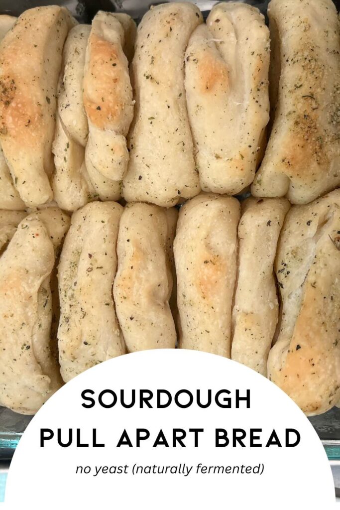 sourdough pull apart bread with label.