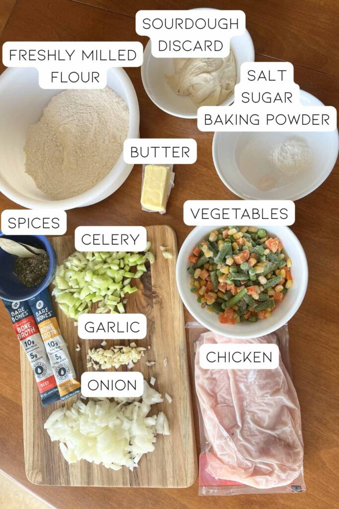 ingredients for chicken and sourdough dumplings with labels.