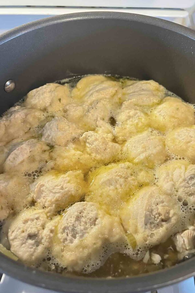 fresh milled flour dumplings in a pot.