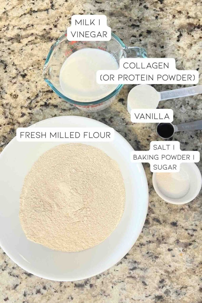 fresh milled flour protein pancake ingredients with labels.