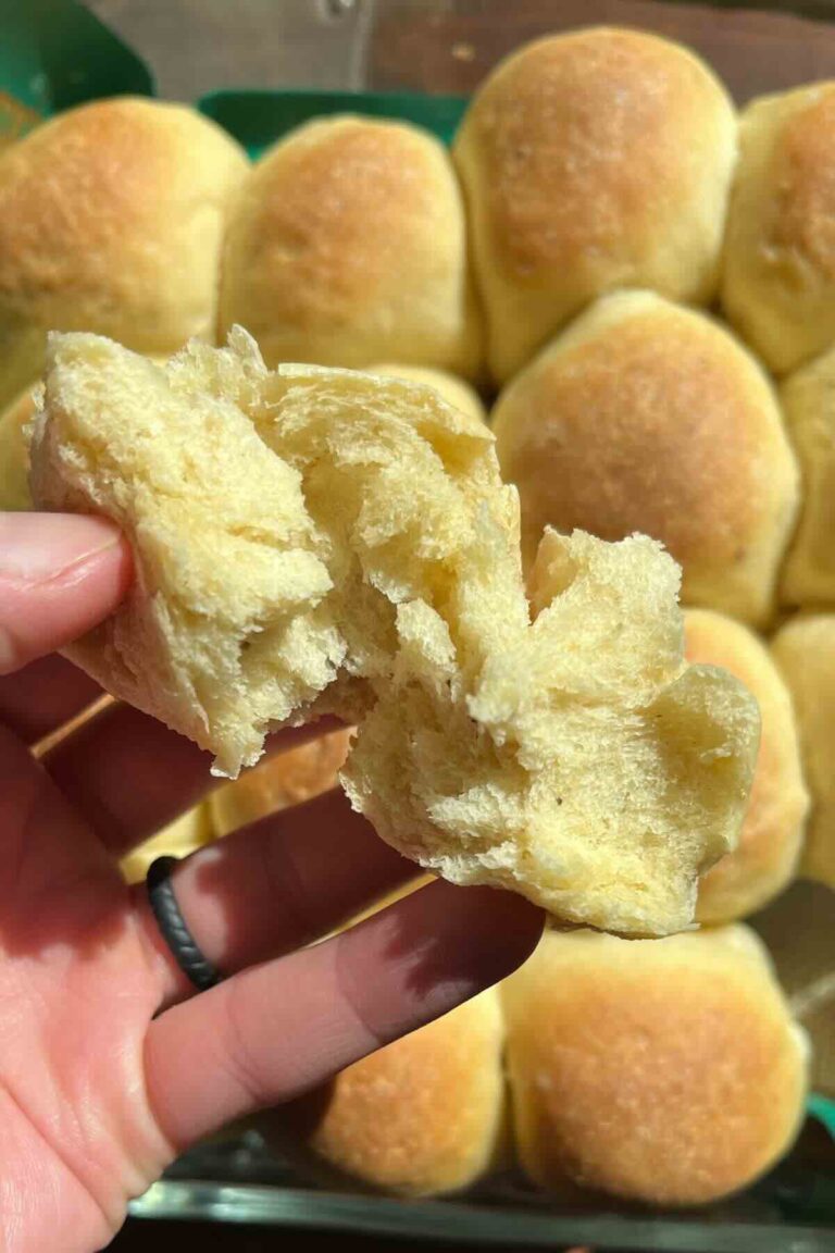 hand holding sourdough dinner rolls.