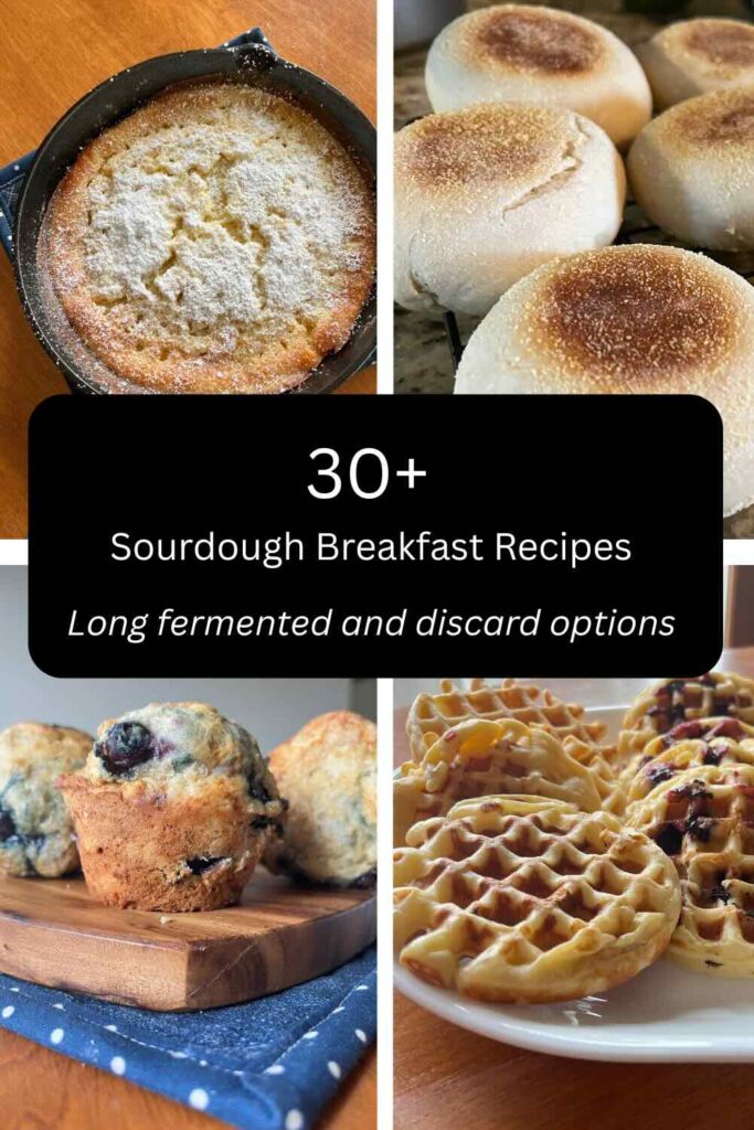 four pictures of sourdough breakfast recipes with text in the middle.