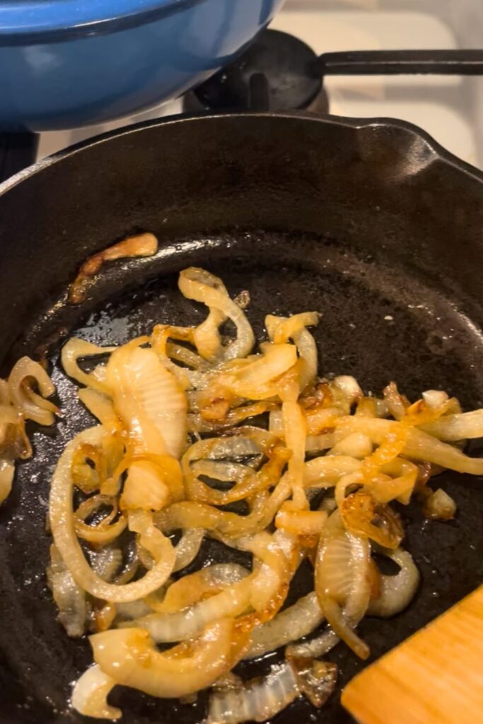 caramelized onion in cast iron skillet.
