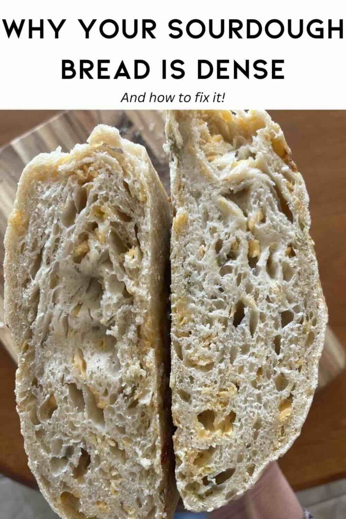 dense sourdough bread with text on top.